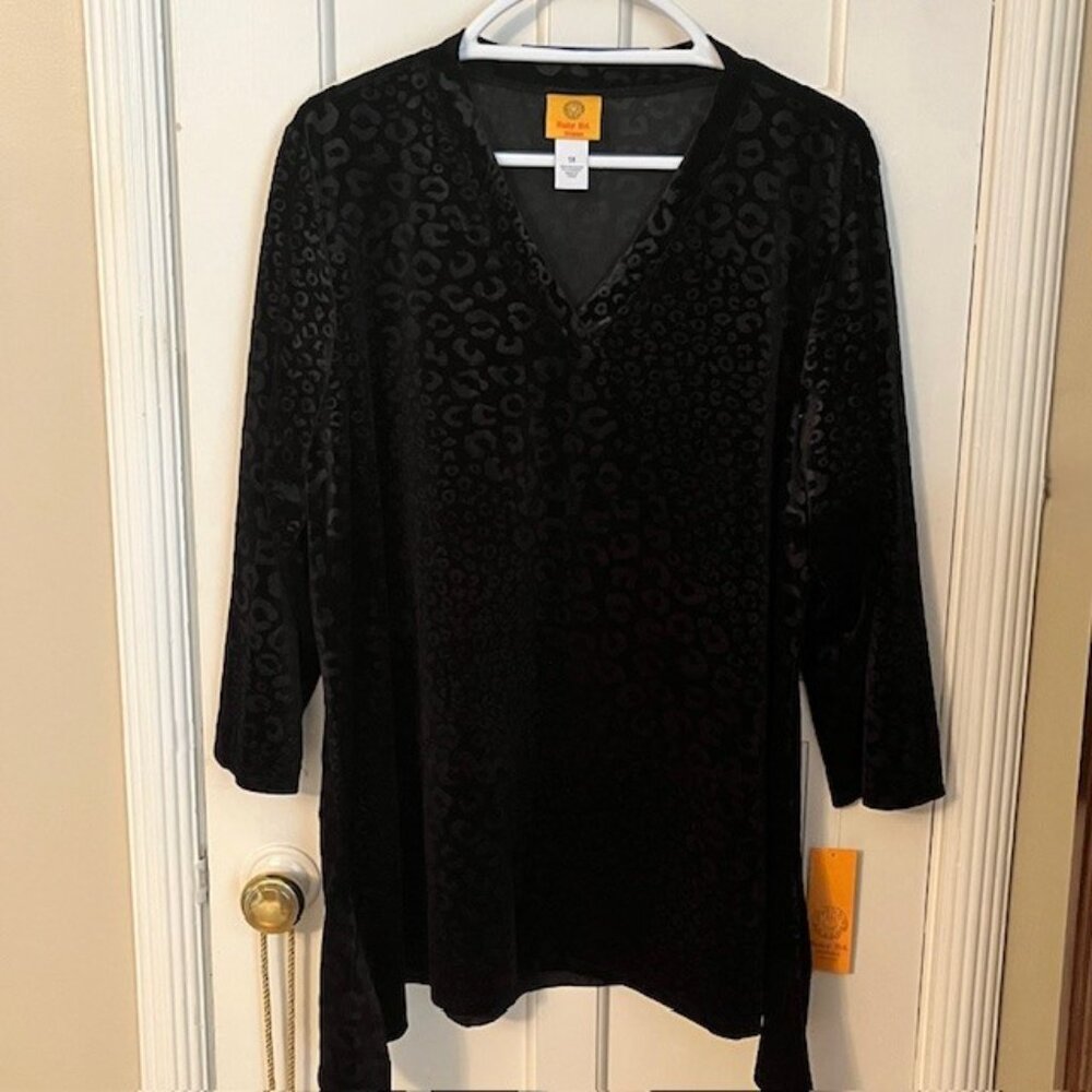 RUBY RD. BLACK ANIMAL PRINT VELVETEEN TUNIC, 3/4 SLEEVES, 1X, NWT!